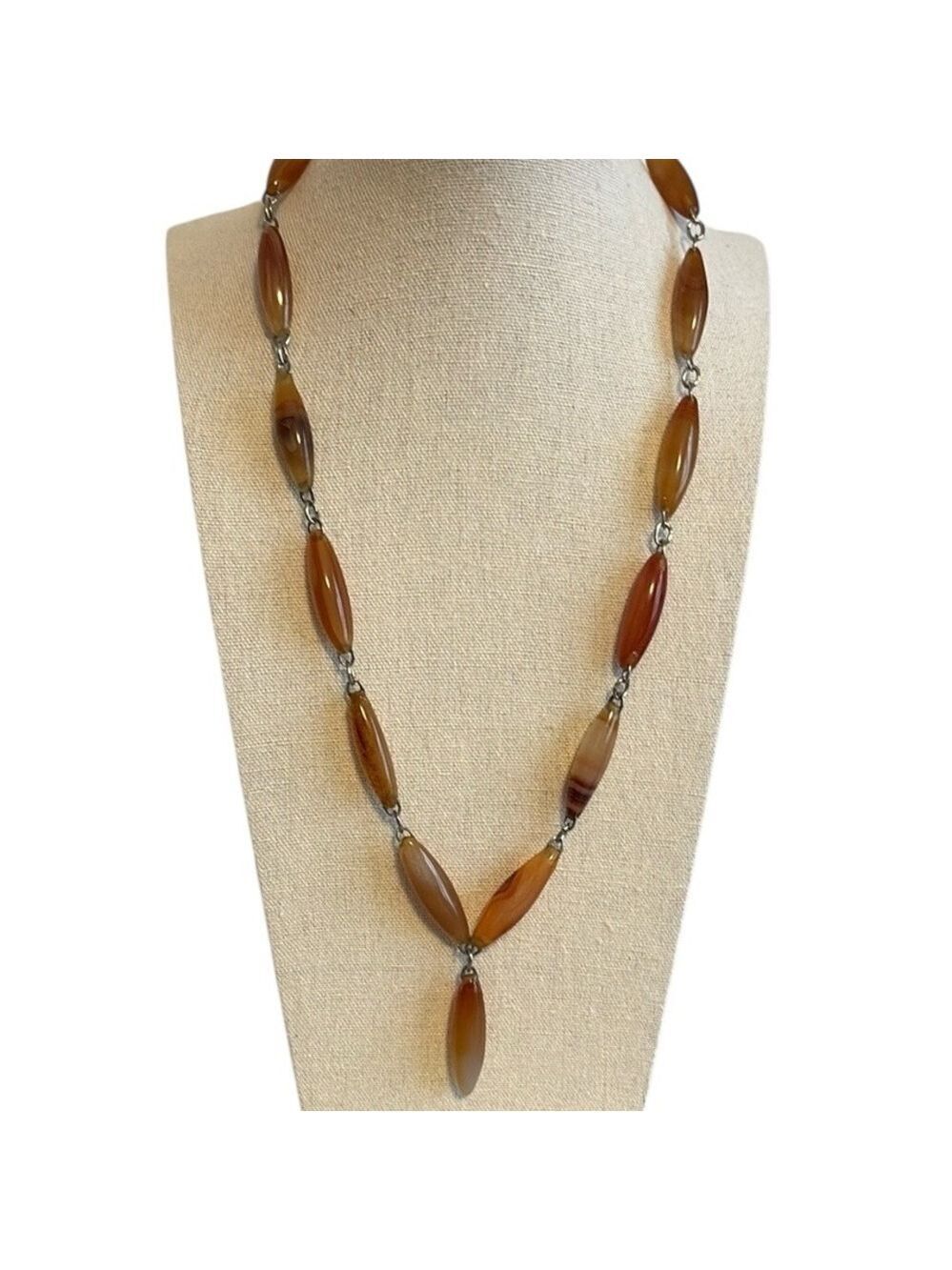 Vintage Polished Agate Stone Y Pendant Necklace Orange Rust Tan 22”